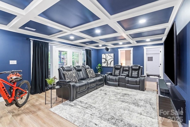 402 Wildlife Rd, Troutman, NC 28166 - cinema room featuring wood finished floors, recessed lighting, beamed ceiling, and coffered ceiling