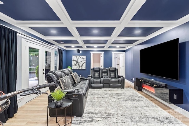 402 Wildlife Rd, Troutman, NC 28166 - living room featuring french doors, wood finished floors, coffered ceiling, and beam ceiling
