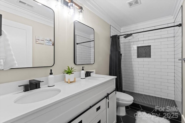 402 Wildlife Rd, Troutman, NC 28166 - bathroom with ornamental molding, double vanity, tiled shower, and tile patterned flooring