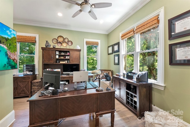 10007 Hillspring Dr, Huntersville, NC 28078 - office area featuring ceiling fan, plenty of natural light, light wood-style flooring, and crown molding