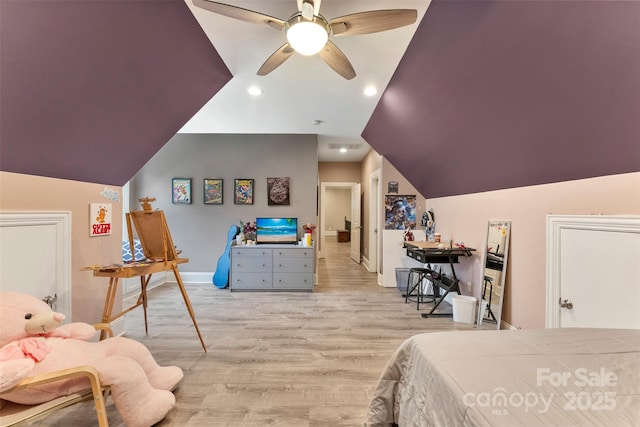 10007 Hillspring Dr, Huntersville, NC 28078 - bedroom featuring light wood-style flooring, vaulted ceiling, recessed lighting, and ceiling fan