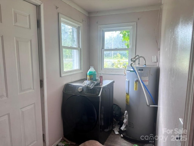32891 NC-49 Hwy, New London, NC 28127 - washroom with water heater, healthy amount of natural light, separate washer and dryer, and crown molding
