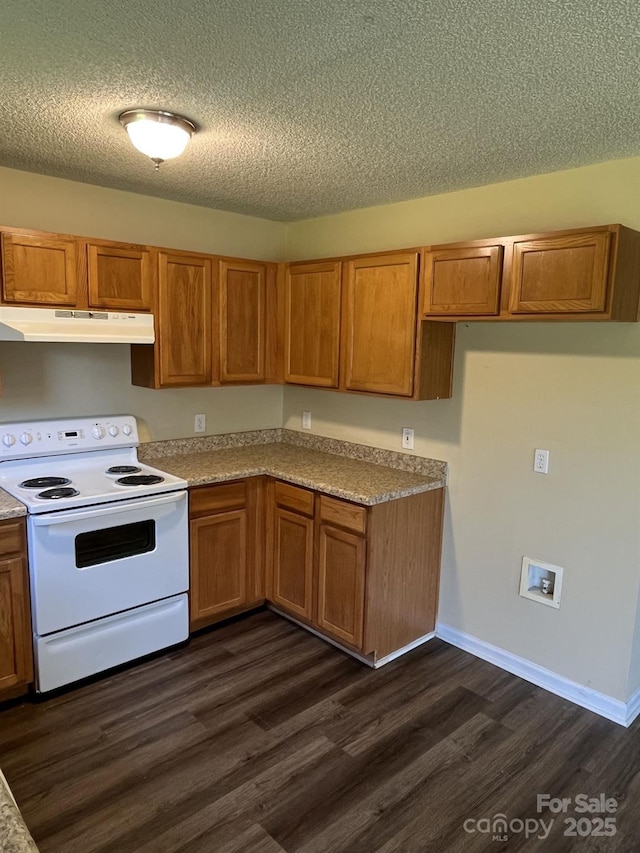 6130 Sid Crane Dr, Charlotte, NC 28216 - kitchen featuring electric range, under cabinet range hood, brown cabinets, dark wood-style floors, and a textured ceiling