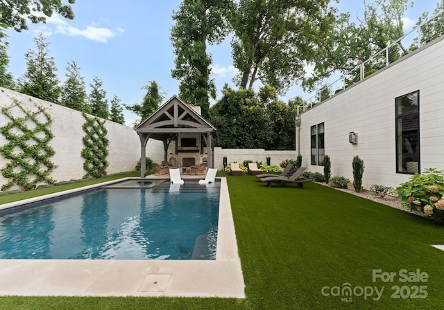 2837 Kenwood Sharon Ln, Charlotte, NC 28211 - view of swimming pool with a fenced backyard, a patio area, and an outdoor living space with a fireplace