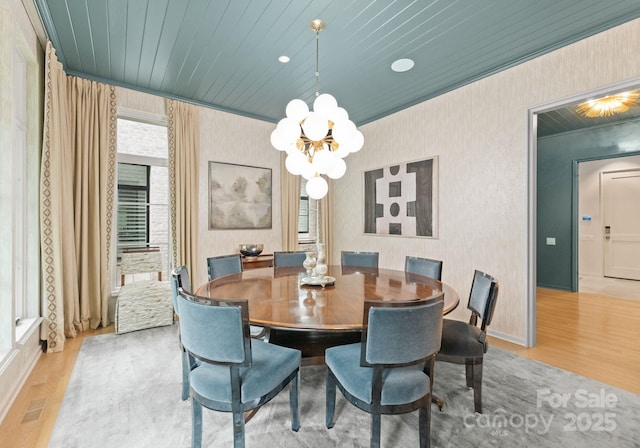 2837 Kenwood Sharon Ln, Charlotte, NC 28211 - dining area with wallpapered walls, wood finished floors, a chandelier, wood ceiling, and crown molding