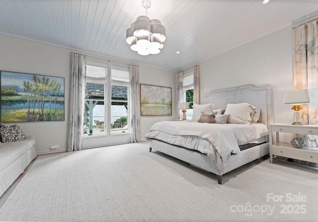 2837 Kenwood Sharon Ln, Charlotte, NC 28211 - bedroom with a chandelier, carpet, crown molding, wooden ceiling, and recessed lighting