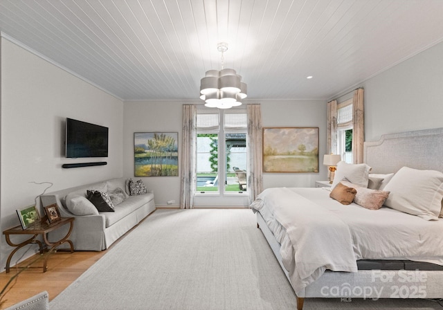 2837 Kenwood Sharon Ln, Charlotte, NC 28211 - bedroom featuring crown molding, a chandelier, multiple windows, wood finished floors, and wood ceiling
