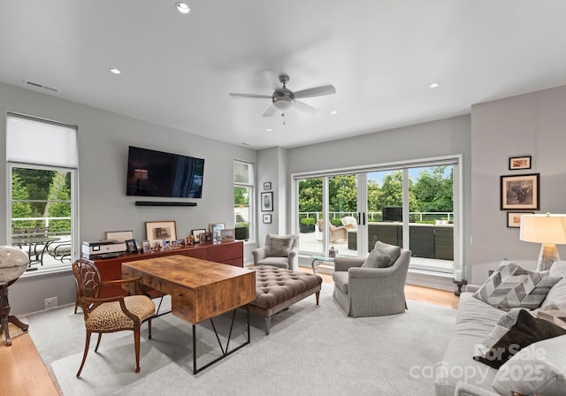 2837 Kenwood Sharon Ln, Charlotte, NC 28211 - living room featuring light wood finished floors, ceiling fan, and recessed lighting