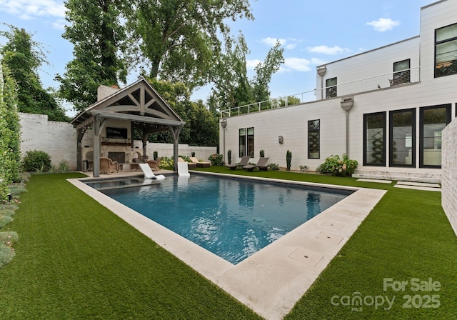 2837 Kenwood Sharon Ln, Charlotte, NC 28211 - view of swimming pool with an outdoor fireplace, a patio, and a gazebo