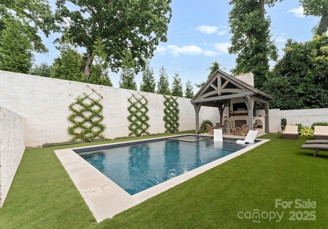2837 Kenwood Sharon Ln, Charlotte, NC 28211 - view of swimming pool with a gazebo, a fenced backyard, exterior fireplace, and a patio area