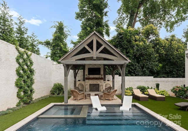 2837 Kenwood Sharon Ln, Charlotte, NC 28211 - outdoor pool with a gazebo, a fenced backyard, a patio area, an outdoor living space with a fireplace, and an in-ground hot tub