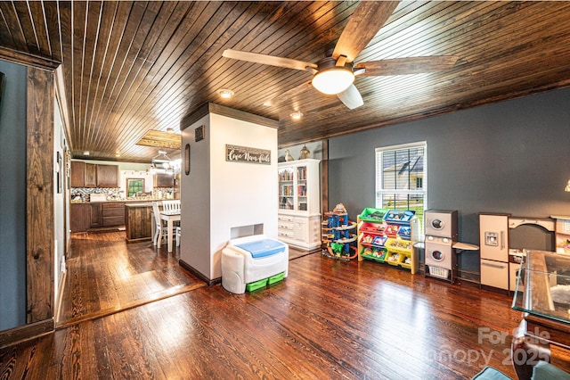 166 Duke St, Granite Falls, NC 28630 - rec room featuring wood ceiling, ceiling fan, and dark wood finished floors