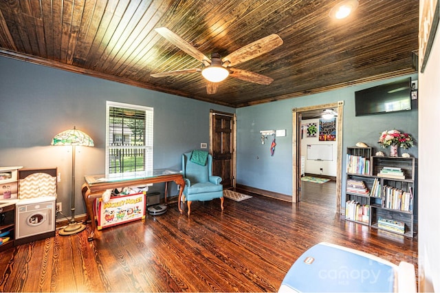 166 Duke St, Granite Falls, NC 28630 - living area with ornamental molding, ceiling fan, wood finished floors, and wood ceiling