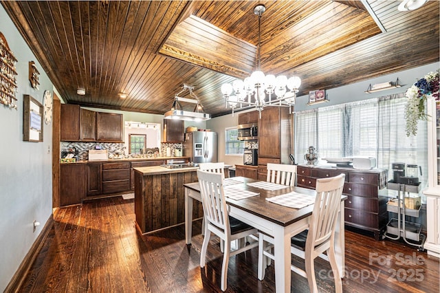 166 Duke St, Granite Falls, NC 28630 - dining area with wood ceiling, healthy amount of natural light, a chandelier, and dark wood-style flooring
