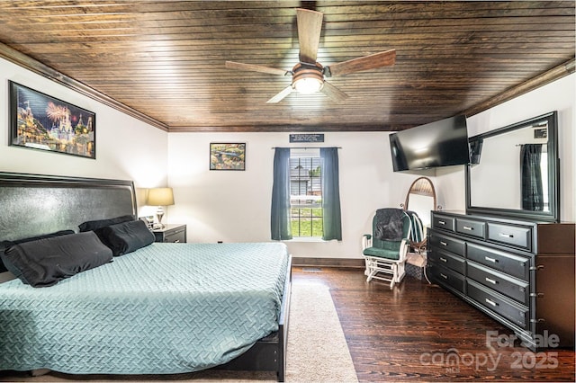 166 Duke St, Granite Falls, NC 28630 - bedroom featuring wood ceiling, wood finished floors, ornamental molding, and ceiling fan