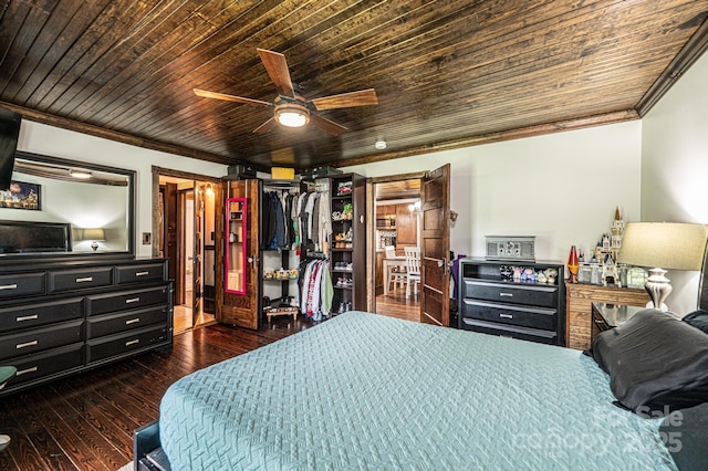 166 Duke St, Granite Falls, NC 28630 - bedroom with crown molding, wood ceiling, dark wood-type flooring, a ceiling fan, and a closet