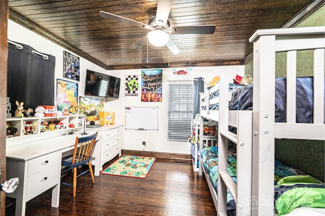 166 Duke St, Granite Falls, NC 28630 - bedroom with wooden ceiling, a desk, dark wood-style floors, and a ceiling fan