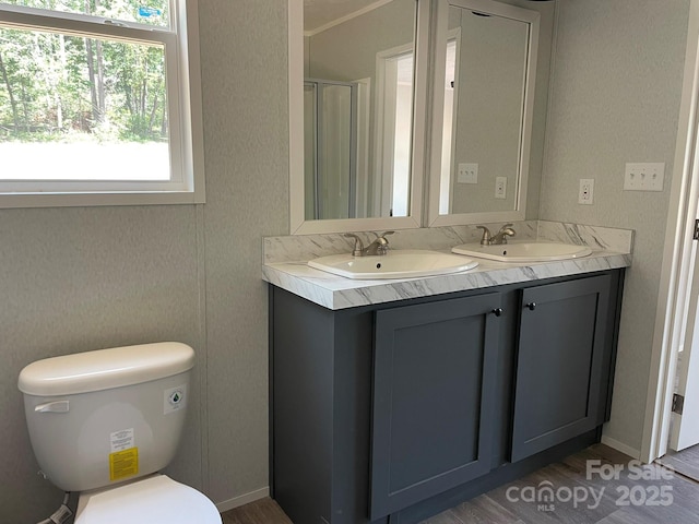 4172 Tallent Rd, Morganton, NC 28655 - bathroom with double vanity, wood finished floors, and an enclosed shower