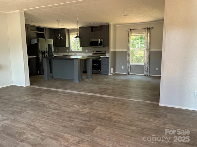4180 Tallent Rd, Morganton, NC 28655 - kitchen with stainless steel appliances, a textured ceiling, open floor plan, plenty of natural light, and hanging light fixtures