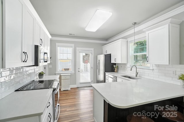 11359 Deer Ridge Ln, Charlotte, NC 28277 - kitchen with stainless steel appliances, crown molding, light countertops, white cabinetry, and wood finished floors