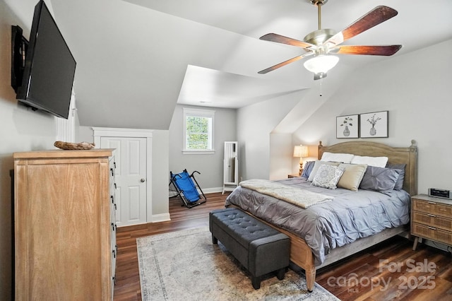 11359 Deer Ridge Ln, Charlotte, NC 28277 - bedroom featuring wood finished floors, lofted ceiling, and ceiling fan