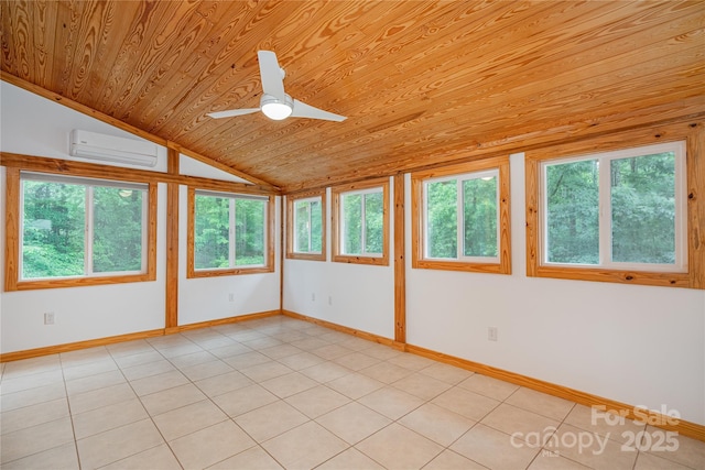 288 Hard To Find Dr, Brevard, NC 28712 - empty room with wood ceiling, a wall mounted air conditioner, vaulted ceiling, light tile patterned flooring, and ceiling fan