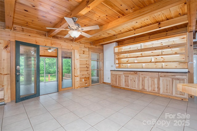288 Hard To Find Dr, Brevard, NC 28712 - empty room with wooden walls, a wooden ceiling with exposed beams, light tile patterned flooring, and a ceiling fan