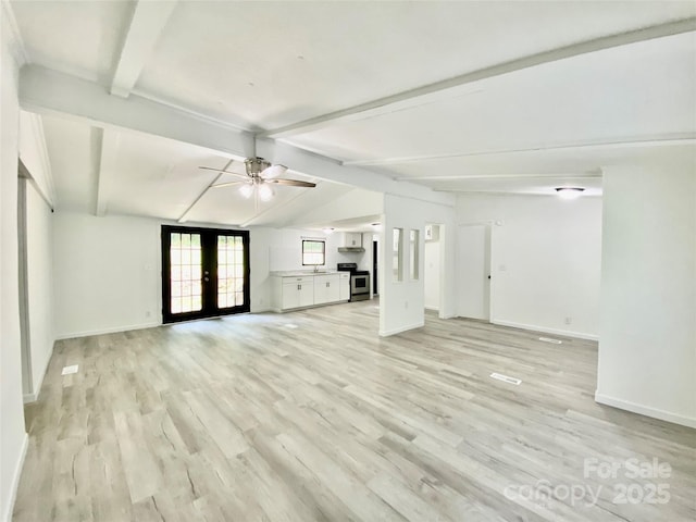 325 Scaley Bark Dr, Salisbury, NC 28147 - unfurnished living room with ceiling fan, light wood-type flooring, and french doors