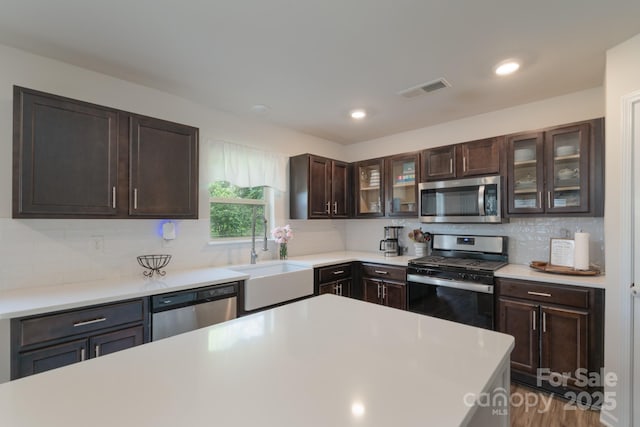 1736 Rhynes Trl, Rock Hill, SC 29732 - kitchen with appliances with stainless steel finishes, dark brown cabinets, light countertops, backsplash, and glass insert cabinets