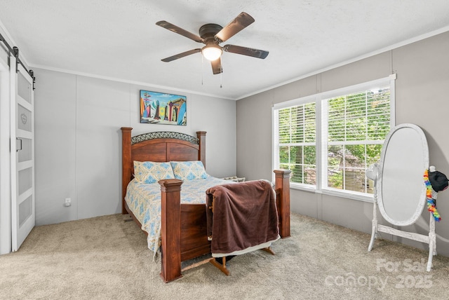 27 Sage Way, Clyde, NC 28721 - carpeted bedroom with crown molding, a barn door, and a ceiling fan