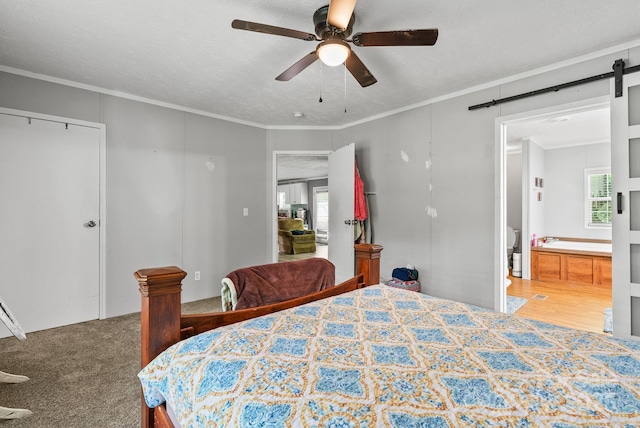 27 Sage Way, Clyde, NC 28721 - bedroom featuring ornamental molding, a barn door, ceiling fan, and ensuite bath