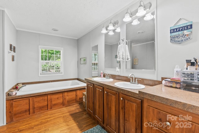 27 Sage Way, Clyde, NC 28721 - bathroom featuring wood finished floors, double vanity, a bath, a textured ceiling, and ornamental molding