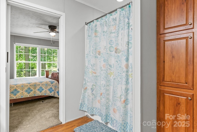 27 Sage Way, Clyde, NC 28721 - full bathroom featuring a ceiling fan, wood finished floors, a shower with shower curtain, ensuite bath, and a textured ceiling