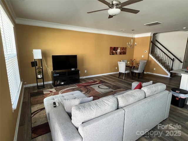 15005 Savannah Hall Dr Unit 72, Charlotte, NC 28273 - living area with stairway, wood finished floors, a ceiling fan, healthy amount of natural light, and crown molding