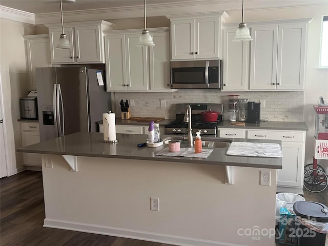 15005 Savannah Hall Dr Unit 72, Charlotte, NC 28273 - kitchen featuring stainless steel appliances, dark wood-type flooring, ornamental molding, decorative backsplash, and white cabinets