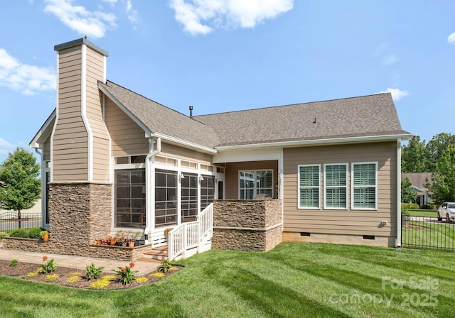 6506 Jepson Ct Unit 349, Charlotte, NC 28214 - rear view of house featuring crawl space, stone siding, a sunroom, and a chimney