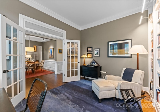 6506 Jepson Ct Unit 349, Charlotte, NC 28214 - sitting room with french doors, ornamental molding, wood finished floors, and a wainscoted wall