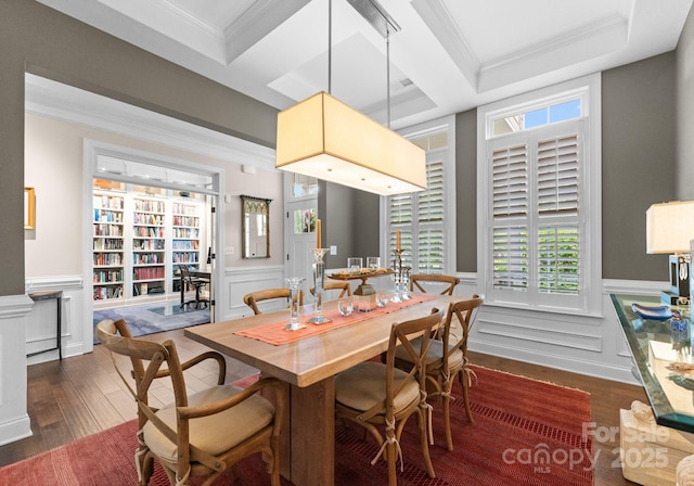 6506 Jepson Ct Unit 349, Charlotte, NC 28214 - dining room featuring wainscoting, dark wood-type flooring, ornamental molding, coffered ceiling, and a decorative wall