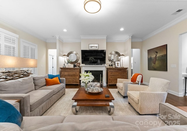 6506 Jepson Ct Unit 349, Charlotte, NC 28214 - living area with wood finished floors, ornamental molding, recessed lighting, and a fireplace