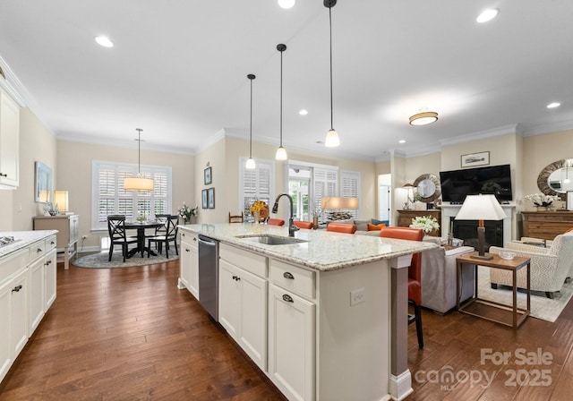 6506 Jepson Ct Unit 349, Charlotte, NC 28214 - kitchen with dishwasher, dark wood finished floors, plenty of natural light, recessed lighting, and a fireplace