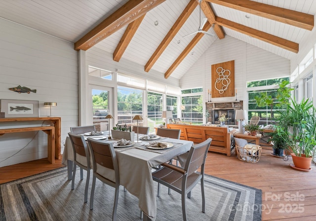 6506 Jepson Ct Unit 349, Charlotte, NC 28214 - sunroom with wood-type flooring, high vaulted ceiling, wood walls, and beamed ceiling