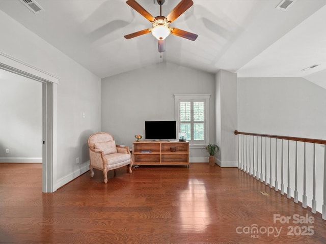 1169 Stuarts Landing Dr, Cramerton, NC 28032 - living area with lofted ceiling, a ceiling fan, and wood finished floors