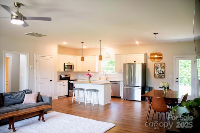 205 Spring Creek Dr, Mount Holly, NC 28120 - living area with wood finished floors, a ceiling fan, and recessed lighting