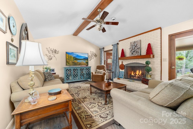 7029 Forest Hills Dr, Denver, NC 28037 - living area featuring a brick fireplace, a ceiling fan, and wood finished floors