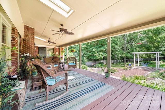 7029 Forest Hills Dr, Denver, NC 28037 - wooden terrace featuring ceiling fan, a fenced backyard, and an outdoor living space