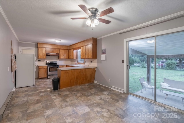1132 Arbor Dr, Salisbury, NC 28144 - kitchen with stainless steel range with electric cooktop, freestanding refrigerator, brown cabinets, a peninsula, and under cabinet range hood