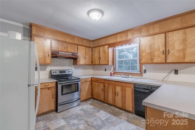 1132 Arbor Dr, Salisbury, NC 28144 - kitchen featuring stainless steel electric range oven, freestanding refrigerator, black dishwasher, under cabinet range hood, and crown molding