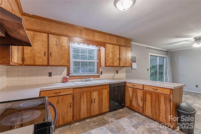 1132 Arbor Dr, Salisbury, NC 28144 - kitchen with dishwasher, custom exhaust hood, electric stove, a peninsula, and tasteful backsplash