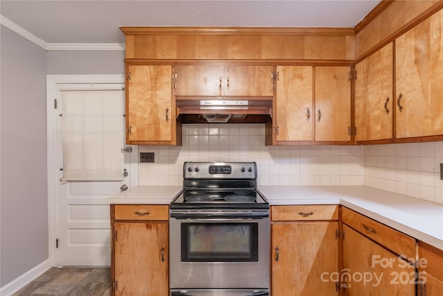 1132 Arbor Dr, Salisbury, NC 28144 - kitchen featuring stainless steel range with electric stovetop, under cabinet range hood, light countertops, tasteful backsplash, and crown molding