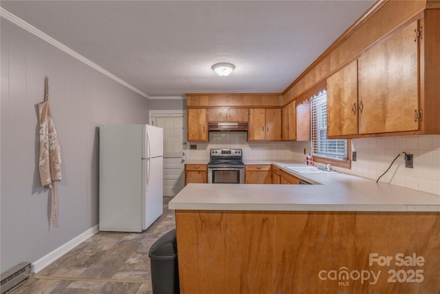 1132 Arbor Dr, Salisbury, NC 28144 - kitchen featuring freestanding refrigerator, stainless steel range with electric stovetop, under cabinet range hood, a baseboard radiator, and ornamental molding